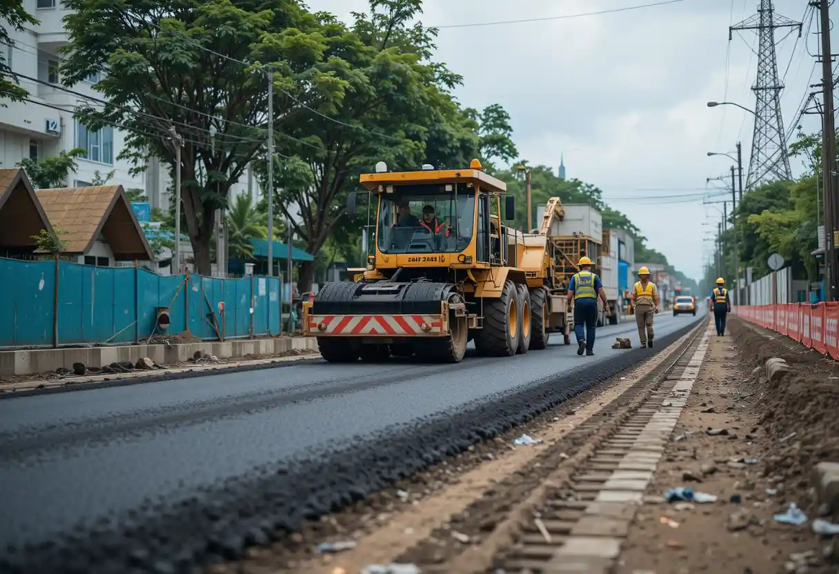 proses pemadatan aspal menggunakan tandem roller