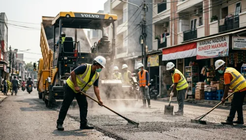 proses gelar aspal hotmix di jakarta timur