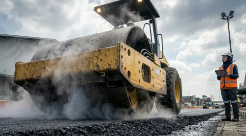 pemadatan aspal hotmix menggunakan tandem roller