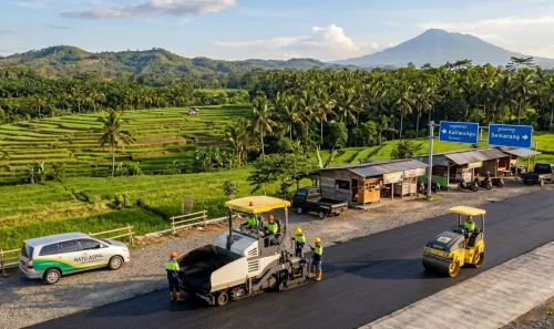 pengaspalan di daerah perbukitan purwakarta